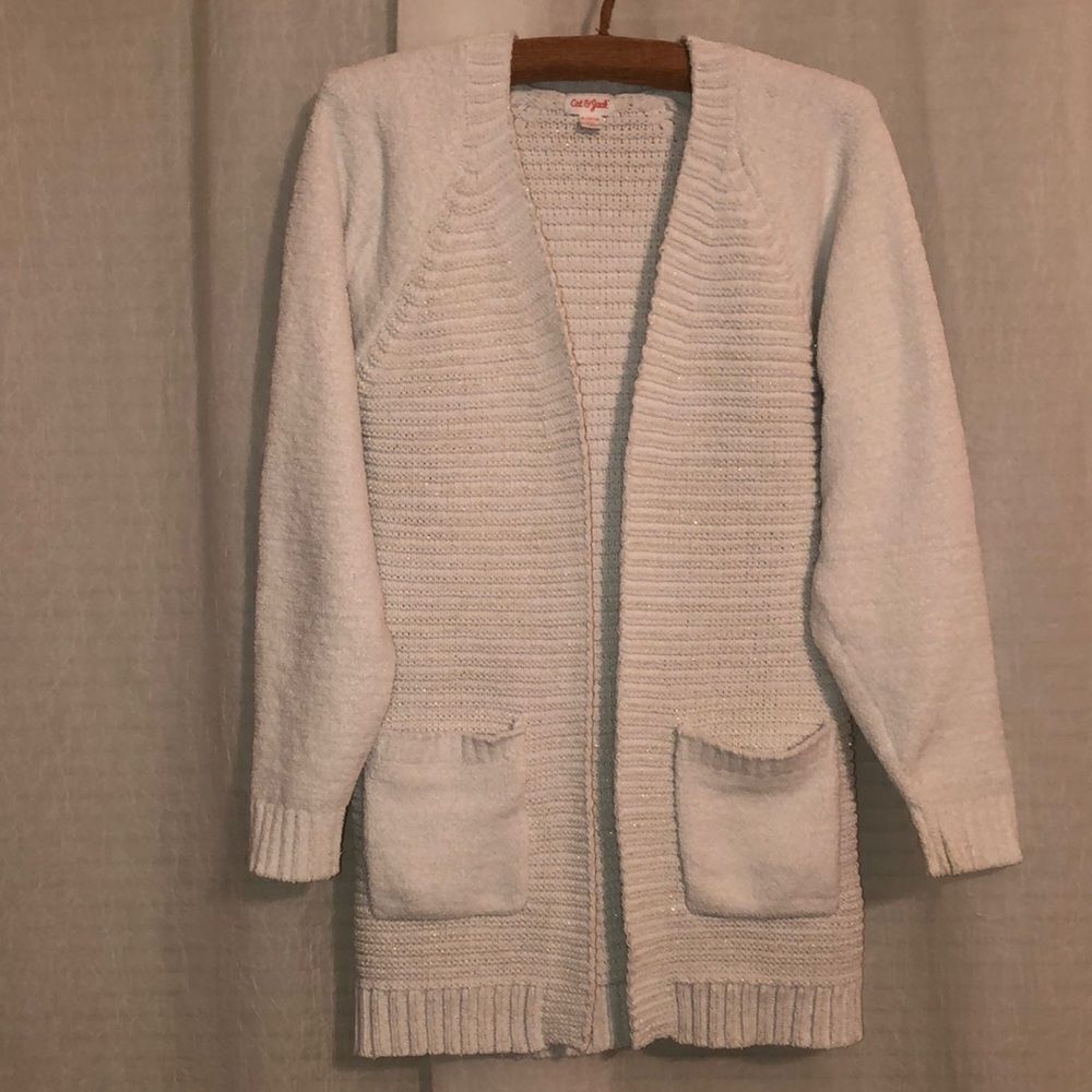 Cat & Jack 14-16 White Gold Lurex Metallic Open Front Long Cardigan